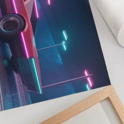 Póster coche retro en un entorno urbano con luces de neón