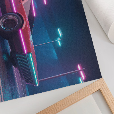 Póster Coche retro en un entorno urbano iluminado por luces de neón.
