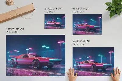 Póster coche retro en un entorno urbano con luces de neón