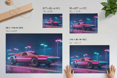 Póster Coche retro en un entorno urbano iluminado por luces de neón.