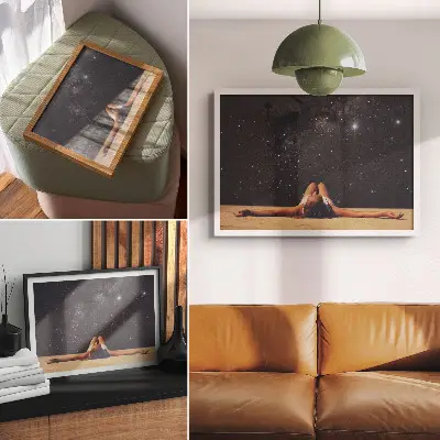 Arte de pared figura surrealista bajo un cielo estrellado