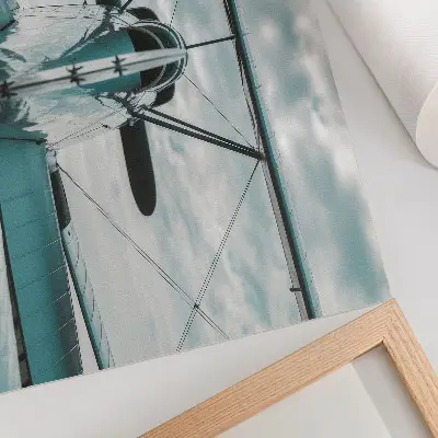 Póster vista frontal de un biplano con elegancia industrial