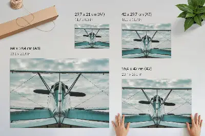 Póster vista frontal de un biplano con elegancia industrial