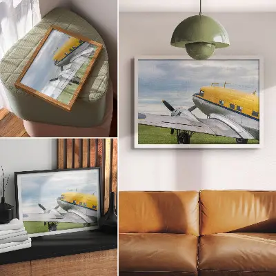 Arte de pared avión clásico y elegante en color amarillo, gris y azul