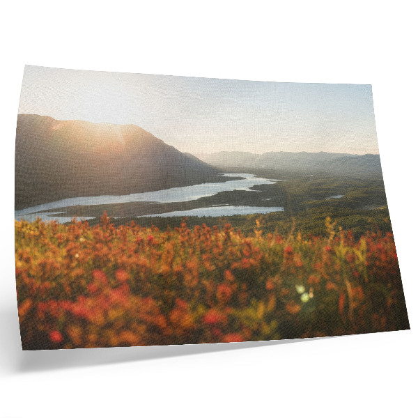 Póster Flores, montañas, río, puesta de sol, ambiente tranquilo