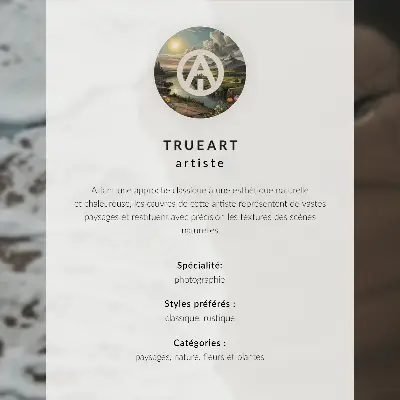 Póster con un paisaje tranquilo de flores, montañas, río y puesta de sol