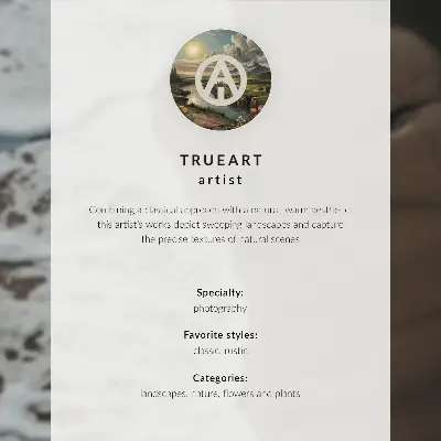 Póster con un paisaje tranquilo de flores, montañas, río y puesta de sol
