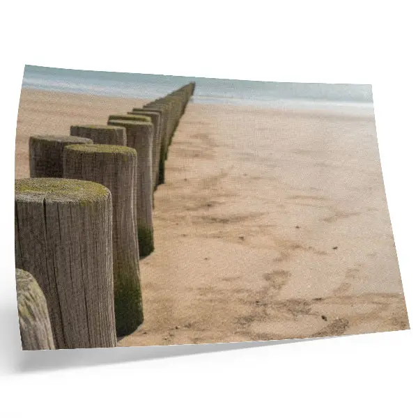 Arte de pared con diseño de estacas de madera en la playa con temática de mar, paz y naturaleza