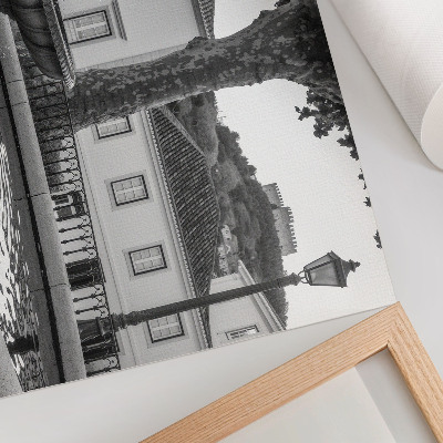 Lámina para cuadro fuente en blanco y negro con edificios clásicos y castillo