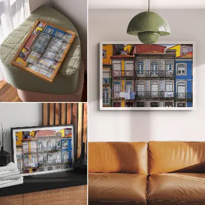 Lámina decorativa para cuadro edificios de apartamentos coloridos con balcones y plantas
