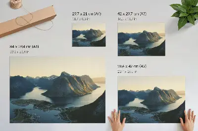 Arte de pared de fiordos, montañas, agua y puesta de sol con armonía de la naturaleza