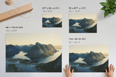 Arte de pared Fiordos, montañas, agua, puesta de sol, armonía de la naturaleza.