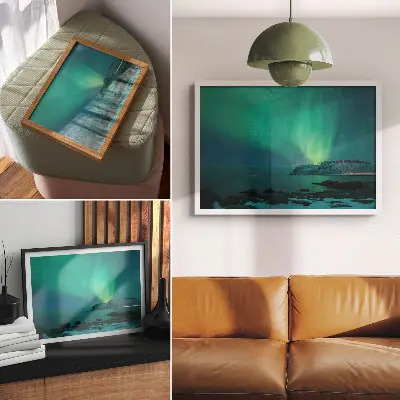 Lámina para cuadro aurora verde con luces centelleantes sobre superficie tranquila