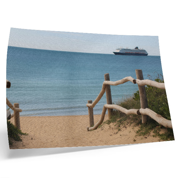 Arte de pared Barco de playa, mar, barandillas de madera, arena