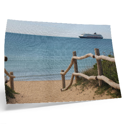 Arte de pared Barco de playa, mar, barandillas de madera, arena