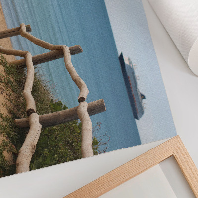 Arte de pared Barco de playa, mar, barandillas de madera, arena