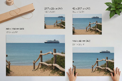 Arte de pared Barco de playa, mar, barandillas de madera, arena