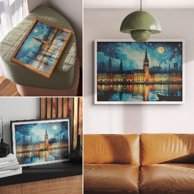 Póster Reflejos nocturnos de la ciudad, resplandor de lámparas de agua