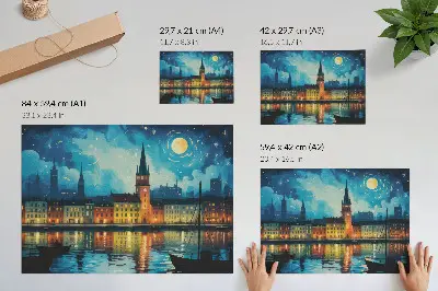 Póster reflejos nocturnos de la ciudad con resplandor de lámparas sobre el agua