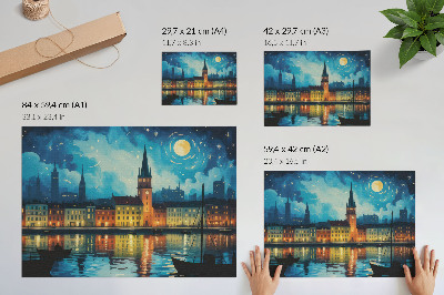Póster Reflejos nocturnos de la ciudad, resplandor de lámparas de agua