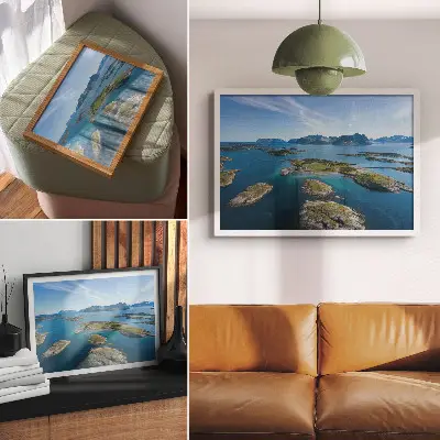 Lámina para cuadro islas con montañas, cielo azul y vegetación verde