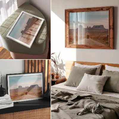 Arte de pared un camino recto entre montañas monumentales con colores cálidos