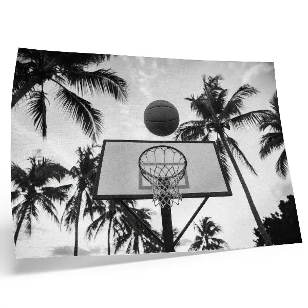 Arte de pared canasta de baloncesto entre palmeras sobre fondo blanco y negro