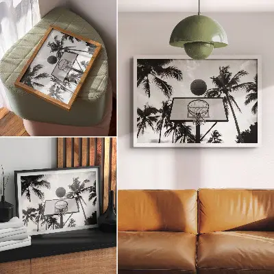 Arte de pared canasta de baloncesto entre palmeras sobre fondo blanco y negro