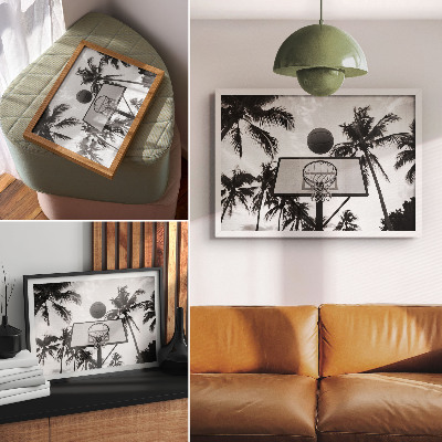 Arte de pared Canasta de baloncesto entre palmeras sobre un fondo blanco y negro