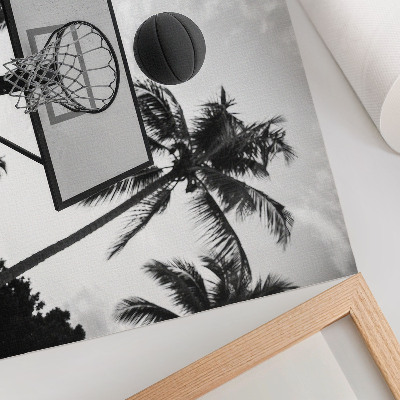 Arte de pared Canasta de baloncesto entre palmeras sobre un fondo blanco y negro