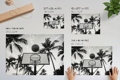 Arte de pared Canasta de baloncesto entre palmeras sobre un fondo blanco y negro