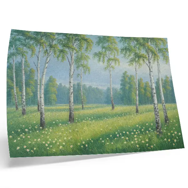 Póster de majestuosos abedules, verdes prados y flores