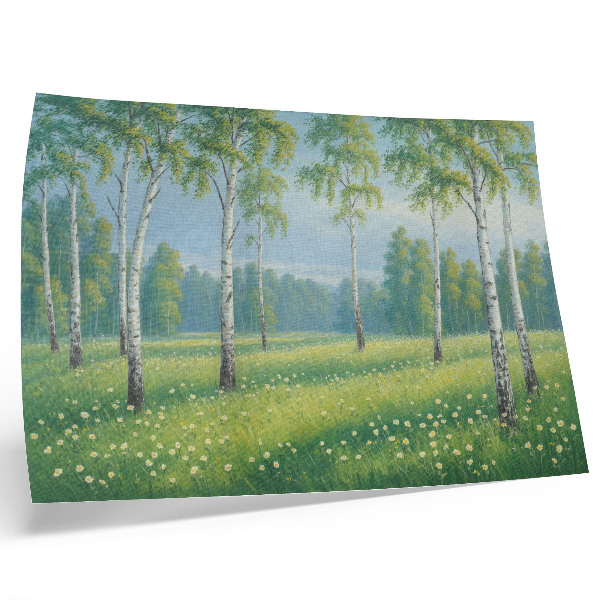Póster Majestuosos abedules, verdes prados y flores.