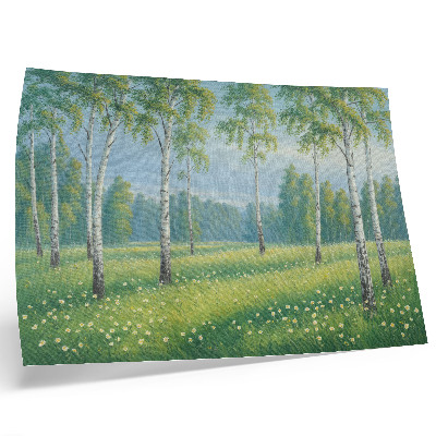 Póster Majestuosos abedules, verdes prados y flores.