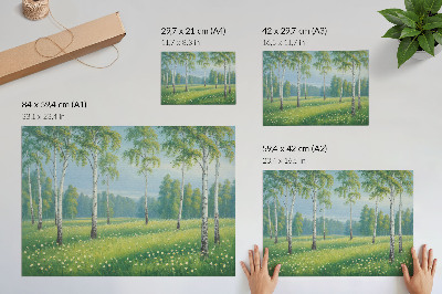 Póster Majestuosos abedules, verdes prados y flores.