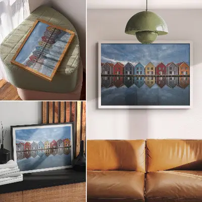 Lámina para cuadro de casas coloridas con estilo moderno y diseño simétrico