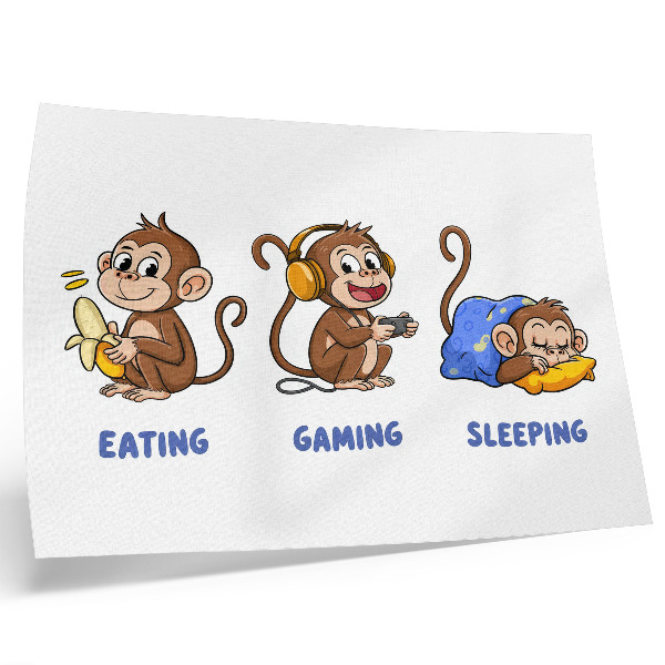 Arte de pared divertidas ilustraciones de un mono comiendo, jugando y durmiendo