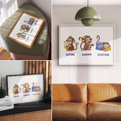 Arte de pared divertidas ilustraciones de un mono comiendo, jugando y durmiendo