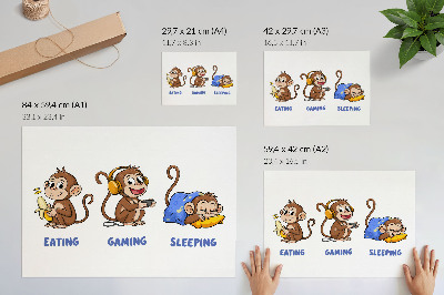 Arte de pared divertidas ilustraciones de un mono comiendo, jugando y durmiendo