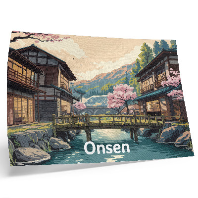 Lámina para cuadro Paisaje con arquitectura japonesa y cerezos en flor.