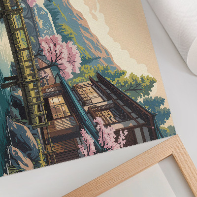 Lámina para cuadro Paisaje con arquitectura japonesa y cerezos en flor.