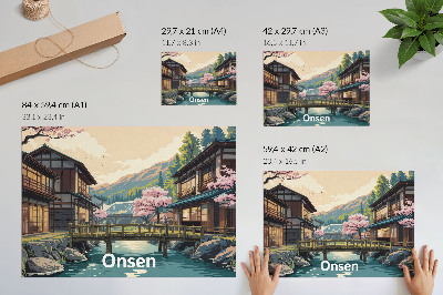 Lámina para cuadro Paisaje con arquitectura japonesa y cerezos en flor.