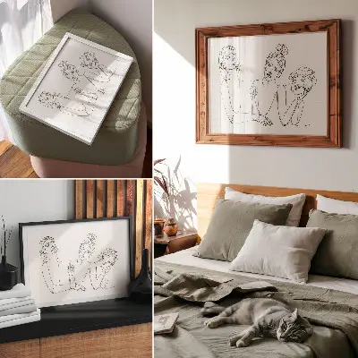 Arte de pared líneas en blanco y negro con figuras delicadas e íntimas