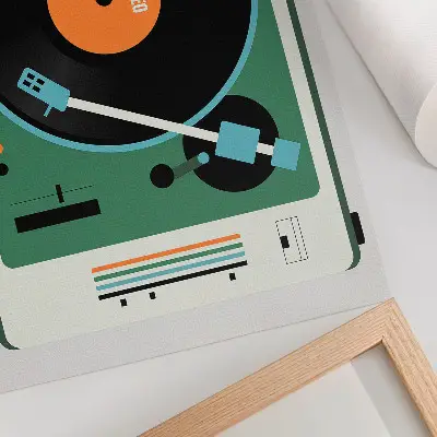 Póster de gramófono retro con colores geométricos contrastantes