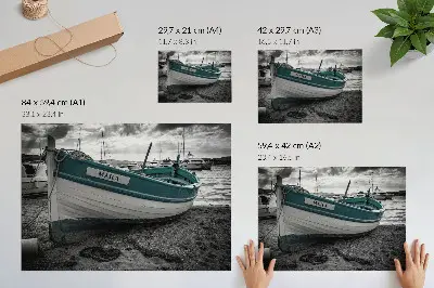 Lámina para cuadro diseño de barco en la playa con temática de paz, sueño y aventura