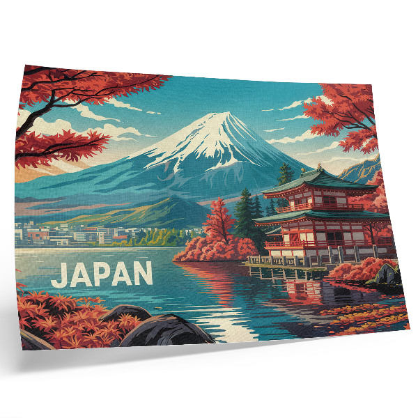 Lámina para cuadro Paisaje japonés lleno de color, con lago y montañas.