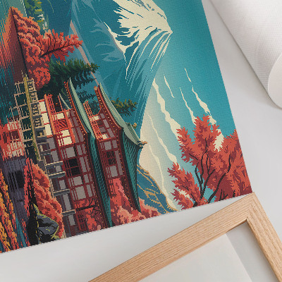 Lámina para cuadro Paisaje japonés lleno de color, con lago y montañas.