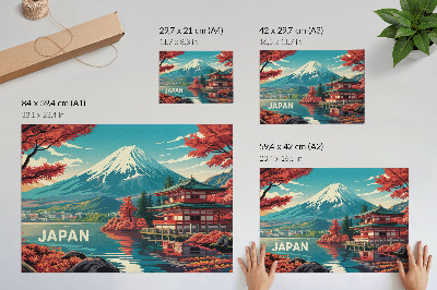 Lámina para cuadro Paisaje japonés lleno de color, con lago y montañas.