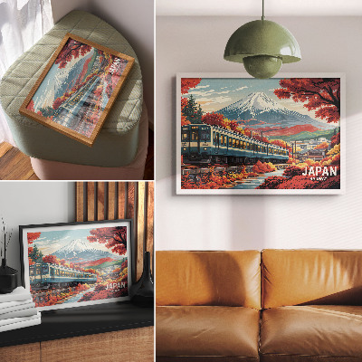 Arte de pared Un tren con el telón de fondo de las montañas y los colores otoñales de la naturaleza.