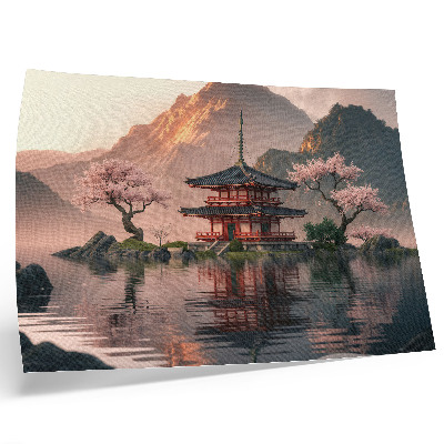 Arte de pared paisaje de edificio oriental con montañas, lago y cerezos en armonía